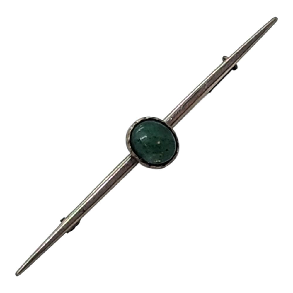 Antique Long Bar Brooch Pin Sterling Silver Jade Cabochon Tie Suite Collar Hat